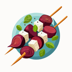 Vegetarian skewers with red onion, feta cheese, and basil leaves. An appetizing and healthy grilled appetizer on a plate.