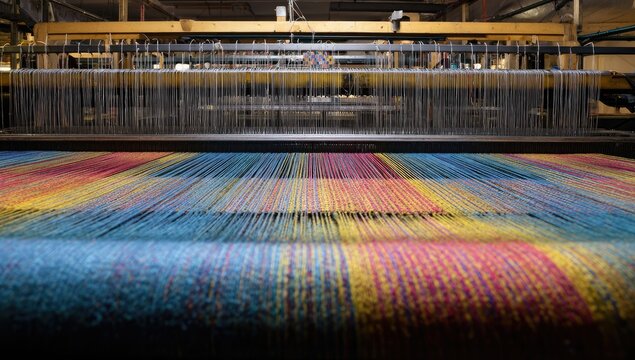 Close-up of a textile loom with colorful threads