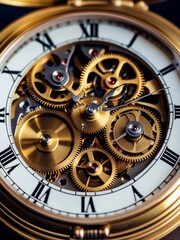 Stunning close up of a golden antique pocket watch showcasing intricate gears