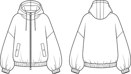 Front and back technical sketch of drawstring hoodie jacket, oversized balloon sleeve fashion outerwear, flat vector apparel design template   flat vector illustration © merajul