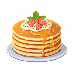 Stack of delicious pancakes with syrup, fresh strawberries, and cream. A sweet breakfast treat illustration.