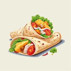 Savory illustration of two fresh chicken tortilla wraps with lettuce and tomato. A delicious concept for quick street food or a takeaway meal.