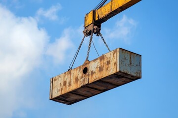 Overhead crane lifting a large industrial hoist against a blue sky during daylight hours at a construction site
