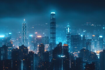 Futuristic city skyline shines brightly at night with vibrant lights and towering structures
