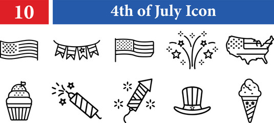 Collection of American independence day celebration icons including flags fireworks cupcake ice cream and uncle Sam hat icon isolated on transparent background, 4th of July concept
