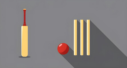 sports equipment, cricket gear, bat and ball, cricket game, cricket match, stumps and bails, red cricket ball, leather ball, wooden bat, cricket icon, sports icon, cricket field, cricket wicket, bat a