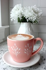 Latte in a pink mug, flowers beside