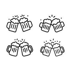 Four pairs of outlined cartoon beer mugs clinking, with stylized foam and bubbles.