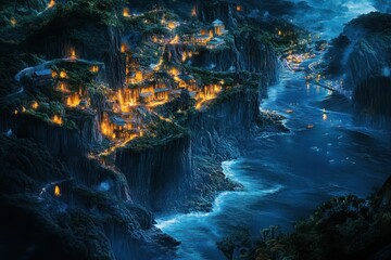 A breathtaking aerial view showcasing tranquil waters reflecting shimmering lights illuminating the cliffs of a serene village at dusk