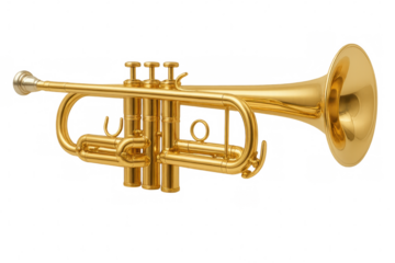 Gold trumpet lying horizontally isolated on transparent background, ready to play beautiful music