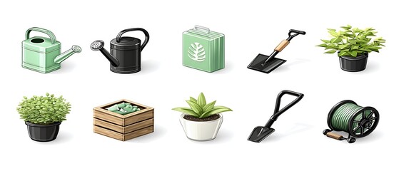 Gardening tools and plants isometric illustration