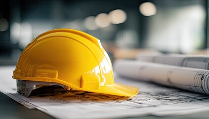 Yellow safety helmet atop architectural blueprints