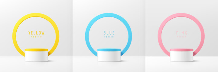 Set of 3D white product podium with blue, pink, yellow color circles backdrop. Abstract geometric composition in minimal design. Studio showroom product pedestal, Fashion stage showcases mockup scene.