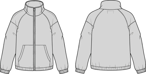 Men’s jacket technical sketch, zipper front outerwear design, fashion flat template, long sleeve windbreaker illustration, front and back view   flat vector illustration © merajul