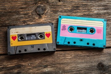 Two cassette tapes one yellow with hearts one teal and pink resting on weathered wood