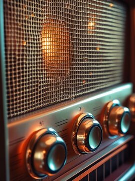 Warm glowing vintage radio with metallic knobs and classic design inviting nostalgia