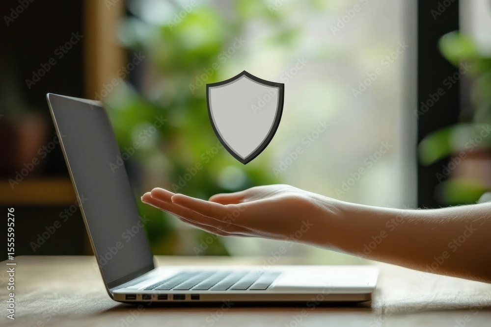 Poster a person is typing on a laptop with a shield icon on the screen. digital payment security concept wi