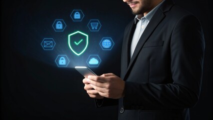 Businessman using smartphone with glowing digital security icons representing data protection online safety and digital transactions
