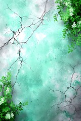 Cracked turquoise wall with greenery
