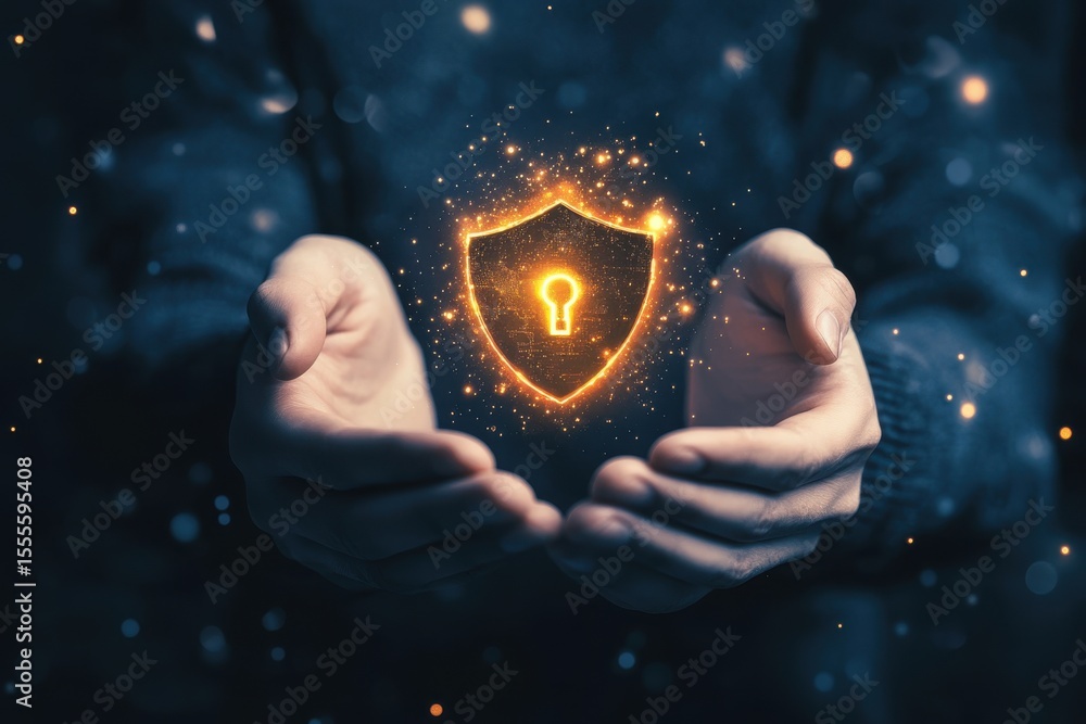 Poster a person is holding a glowing shield with a check mark. digital payment success symbol with secure s