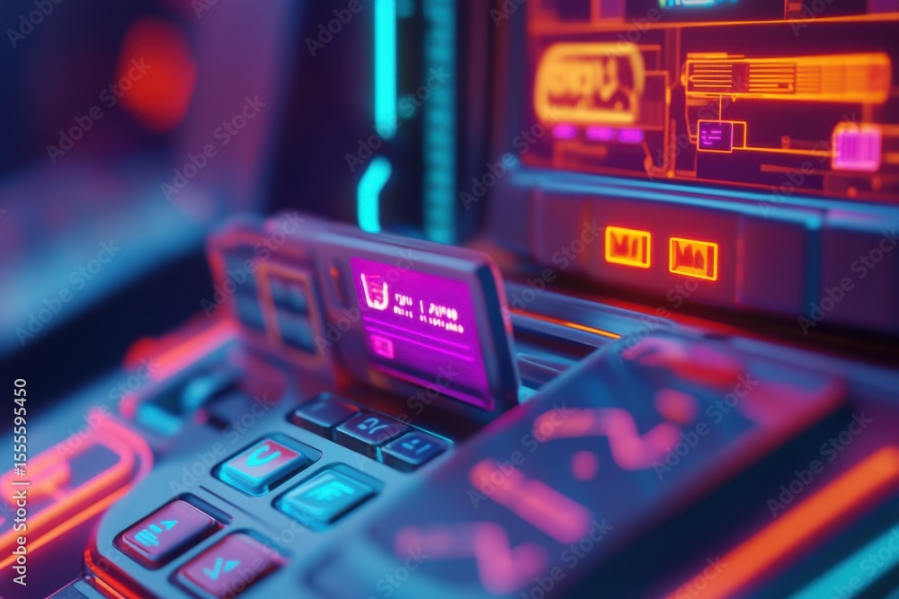 Poster a futuristic car dashboard with a purple. digital payment system interface showing user secure trans