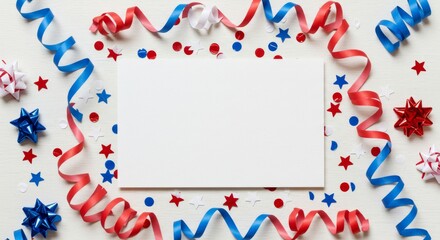 Obraz premium Independence Day Flat Lay Mockup with Confetti and Ribbons