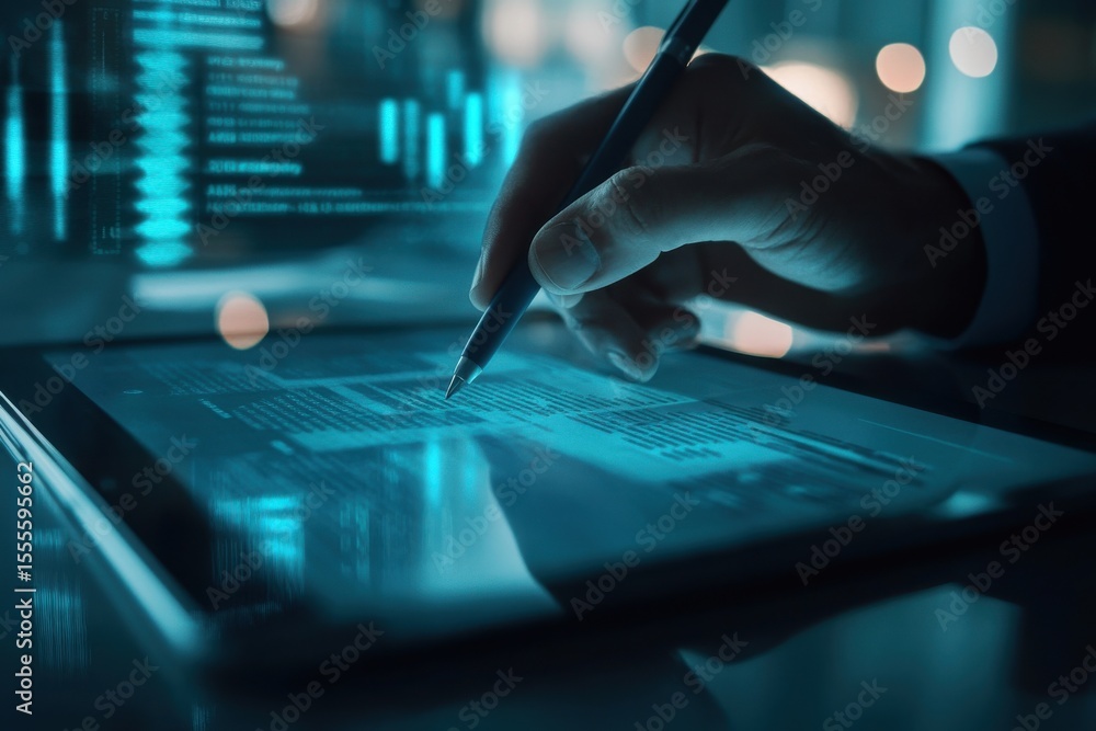 Poster a tablet with a pen. the tablet is displaying a document. digital resume review with stylus on a tab