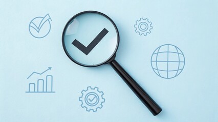 Magnifying glass over a checkmark symbol representing verification and accuracy in business analysis and global operations