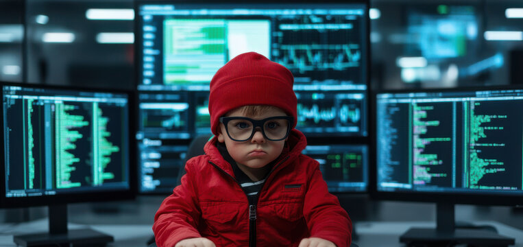 Adorable little child in red jacket and hat wearing glasses working on computer with multiple screens showing code and data