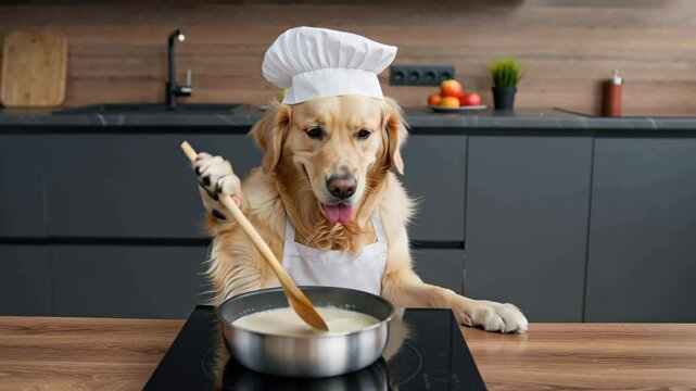 Golden retriever in chef hat and apron stirs food in pot. Creative culinary