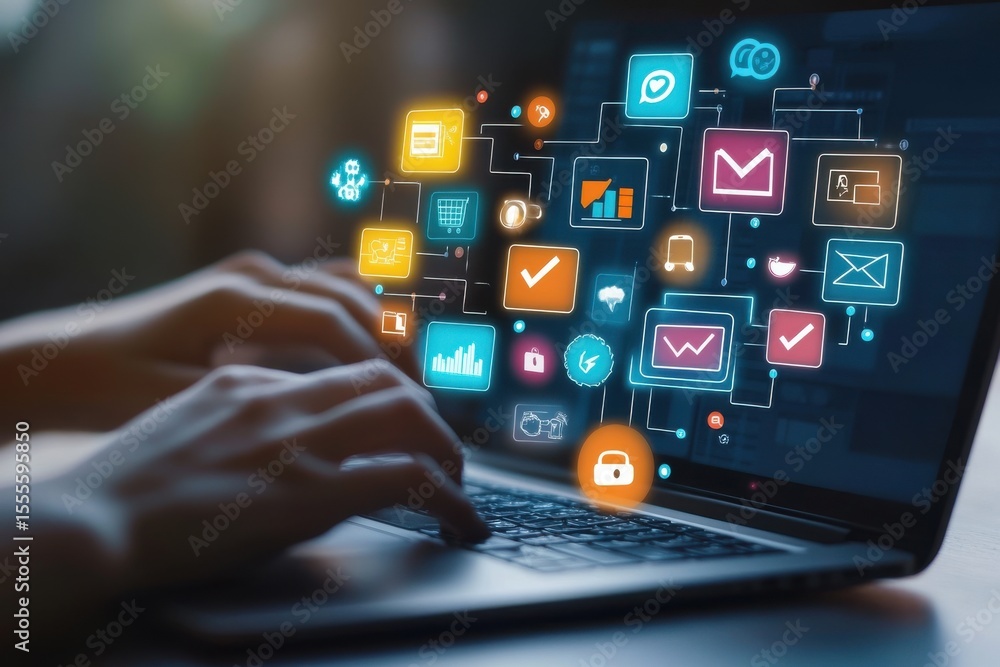 Poster a person is typing on a laptop with a colorful screen that has many icons. digital review icons with