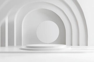Naklejka premium Modern white product display featuring a minimalist stage design with an archway backdrop in a contemporary setting