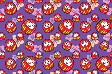 Seamless pattern of cute smiling daruma famous Japanese traditional doll background with cherry blossoms pattern drawing in cartoon vector