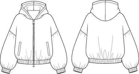 Women oversized hoodie jacket fashion flat sketch, front and back view, technical drawing, casual outerwear, vector garment design template   flat vector illustration © merajul