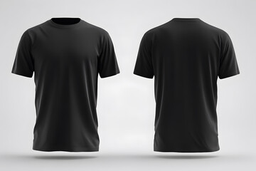 A mockup of a front and back view of a black blank t shirt with an isolated background