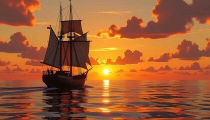 Fototapeta premium Sunset glow bathes sailing ship in golden hour magic, surrounded by soft waves and scenic nature