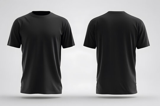 A mockup of a front and back view of a black blank t shirt with an isolated background