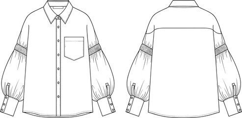  Fashion flat sketch shirt, puff sleeve shirt design, button down blouse front and back view, stylish women's apparel technical drawing flat vector illustration © merajul
