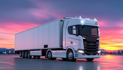 Modern semi-truck at sunset over city