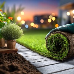 Landscaping at dusk, roll of sod