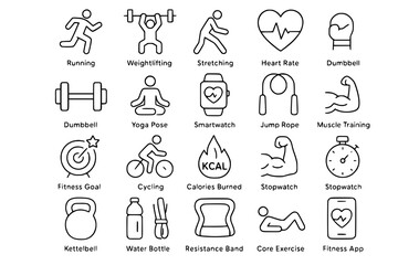 Minimal Fitness & Workout Line Icons: Exercise, Health & Wellness Vector Set