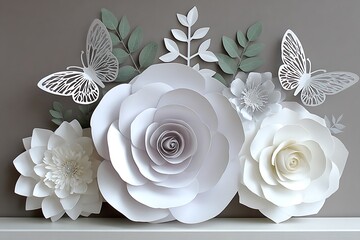 White paper flowers, butterflies, and greenery
