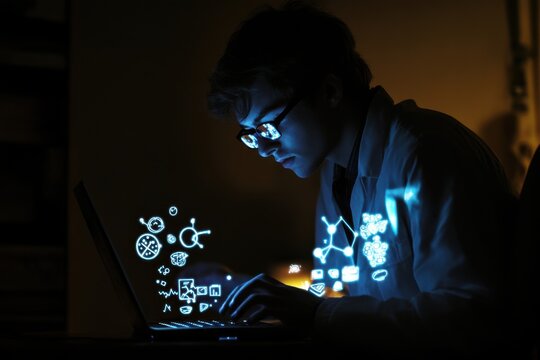 A man is typing on a laptop with a blue screen that has a lot of symbols. Doctor using laptop glowing medical icons.