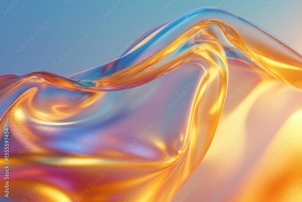 Poster holographic silk background creating an abstract iridescent effect with flowing curves and shimmerin