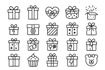 Diverse Gift Box Line Icons: Celebration, Presents & Surprise Vector Set