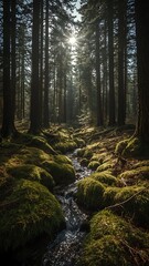 Obraz premium Dark forest with a hint of red light and deep shadows