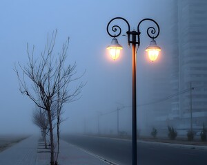 Foggy streetlamp at dawn