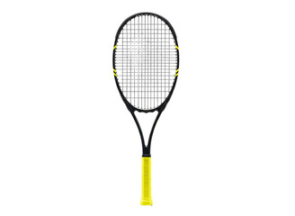 Modern black tennis racquet with bright yellow grip isolated on transparent background