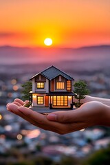 Miniature home held gently by hands at sunset