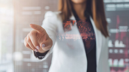 Businesswoman hand pointing at digital globe with data and charts in background, showing futuristic technology and innovation